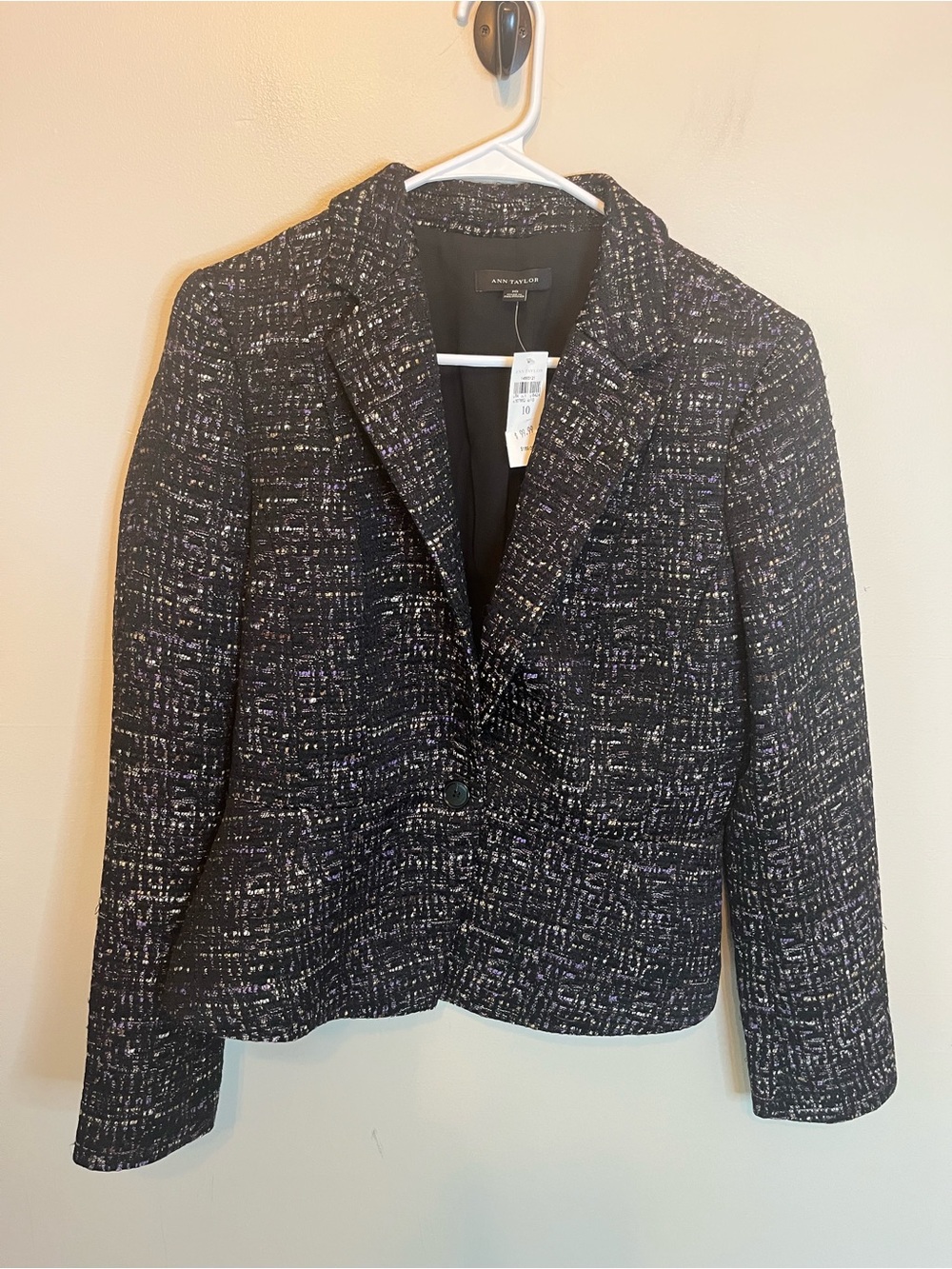 Ann Taylor Women’s Single Button Black Purple Tweed Blazer Size 10 NWT